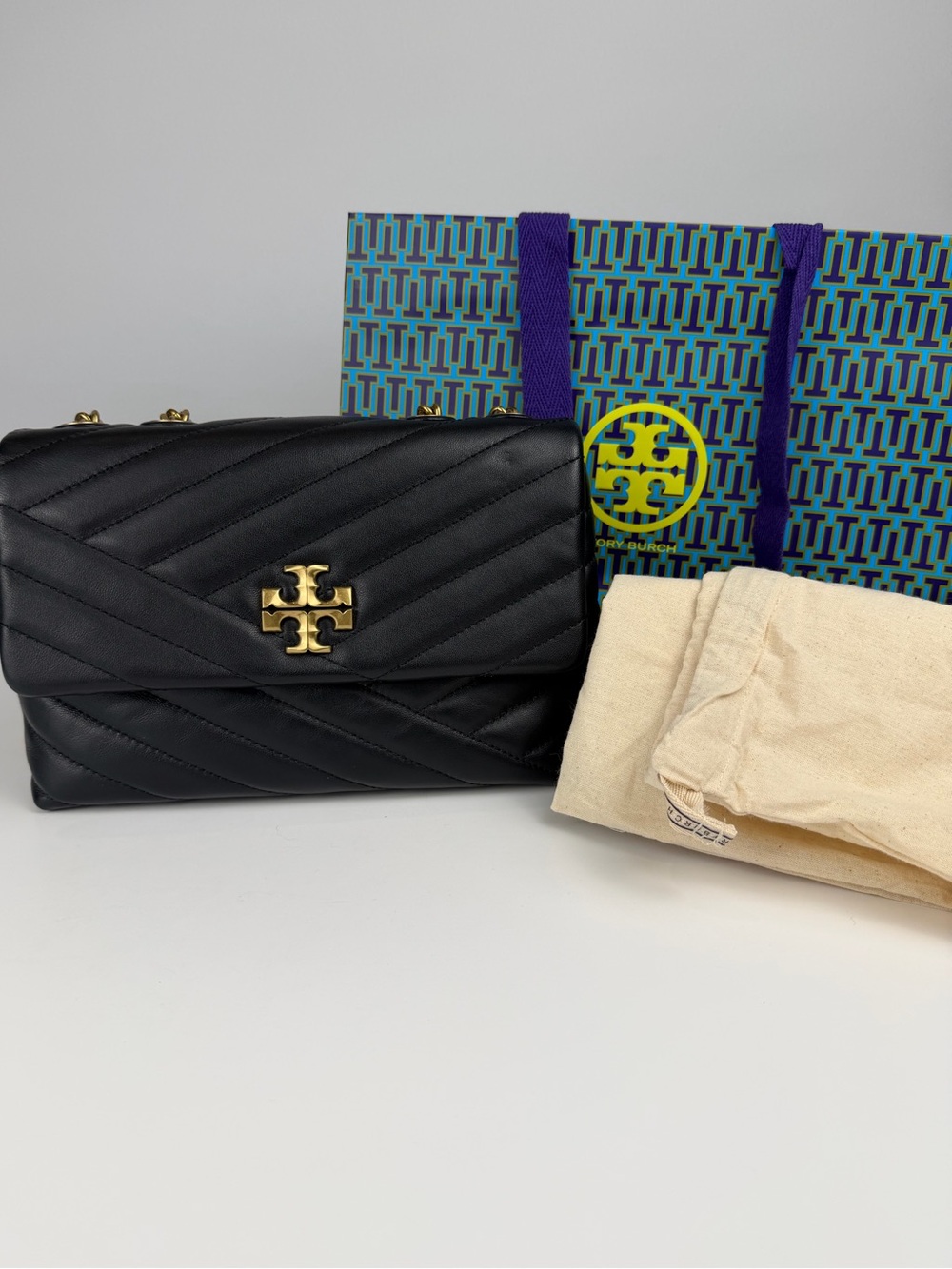 Tory Burch Kira Chevron Black Quilted Leather Convertible Shoulder Bag EUC